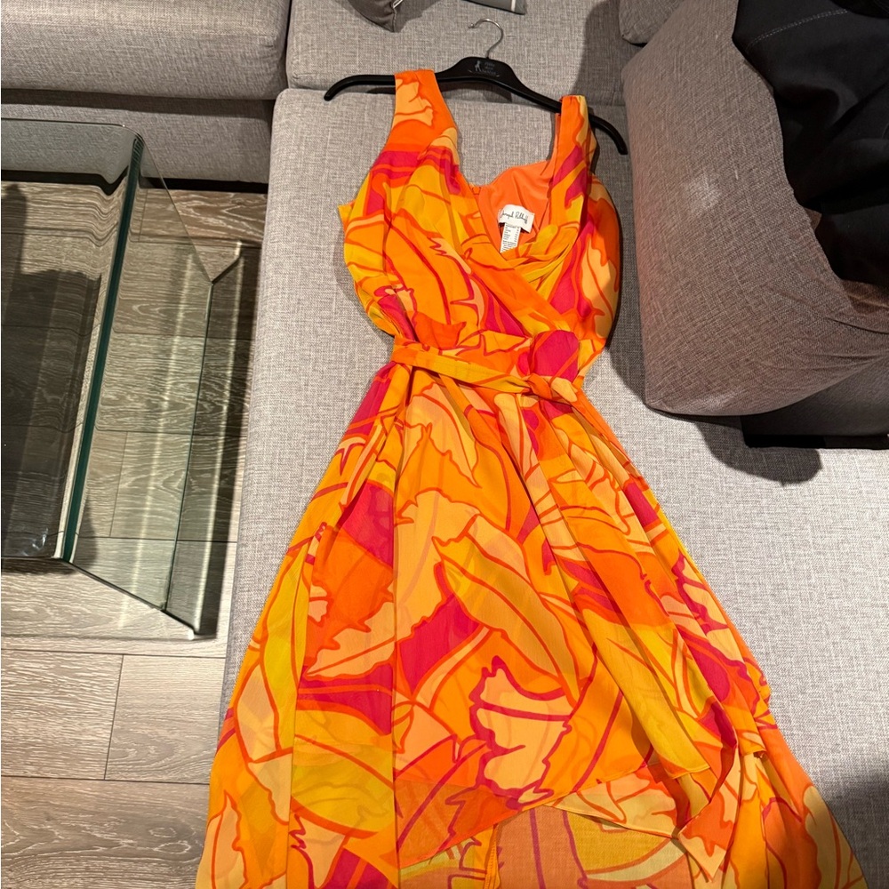 Joseph Ribkoff Orange and Yellow High Low Dress